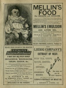 London, England - January 4, 2015: Three British advertisements, for products for children and invalids, cough mixture and beef extract, from 