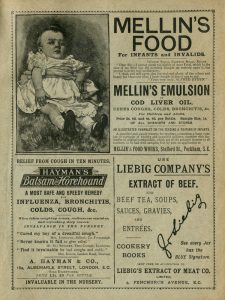 London, England - January 4, 2015: Three British advertisements, for products for children and invalids, cough mixture and beef extract, from “Chats About Sailors” by “Mercie Sunshine” (a pseudonym), published by Ward, Lock & Bowden Limited in the 1890s. (The company of Ward Lock traded as Ward, Lock & Bowden Limited from 1893-1897 so the book was published between those dates.) Image scanned 4 January 2015 and modified 19 November 2015.